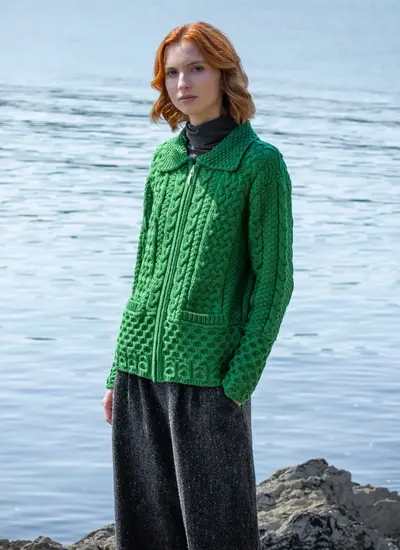 Grace Full Zip Aran Cardigan in Emerald